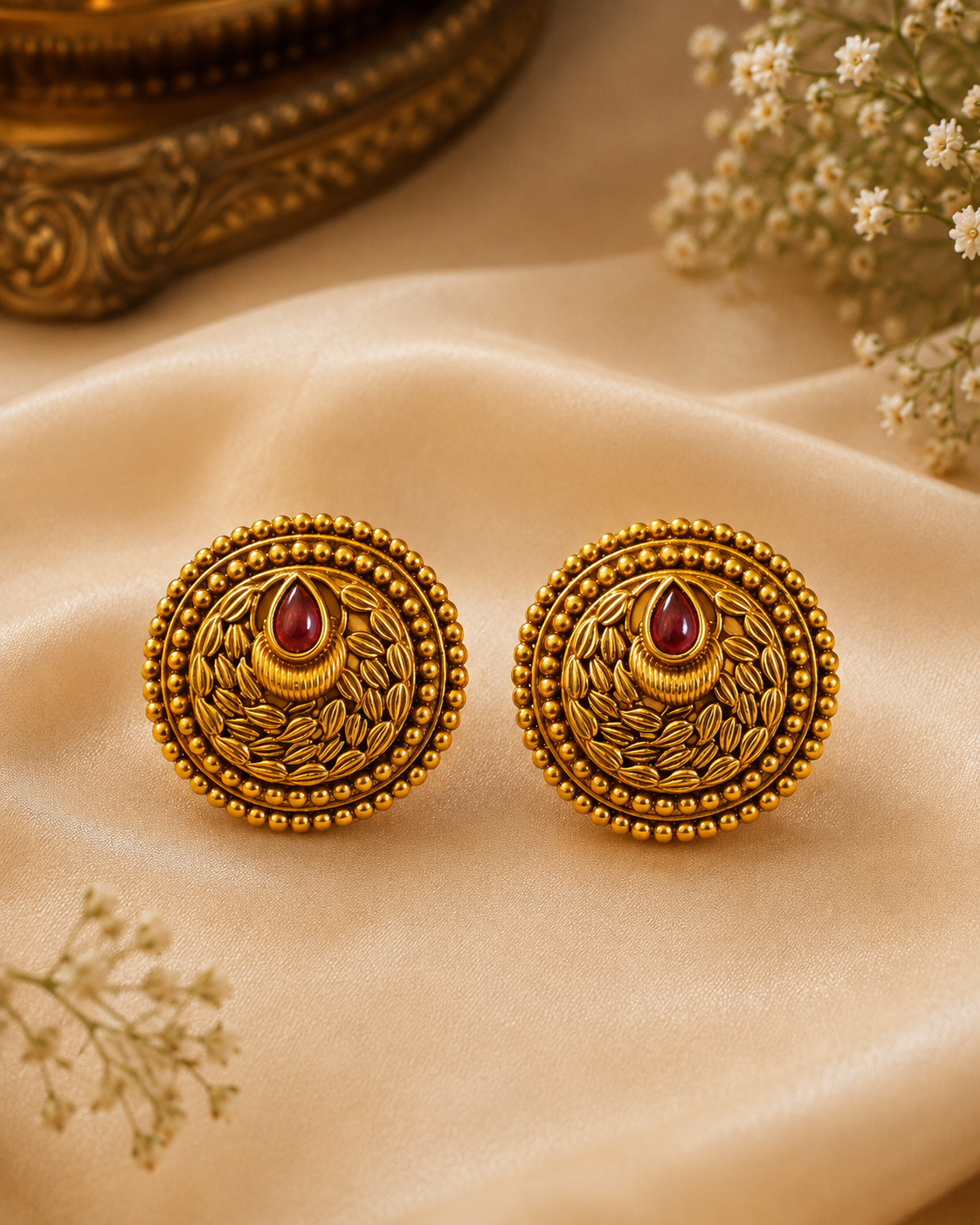Antique Gold Round Disc Stud Earrings | SITA2528