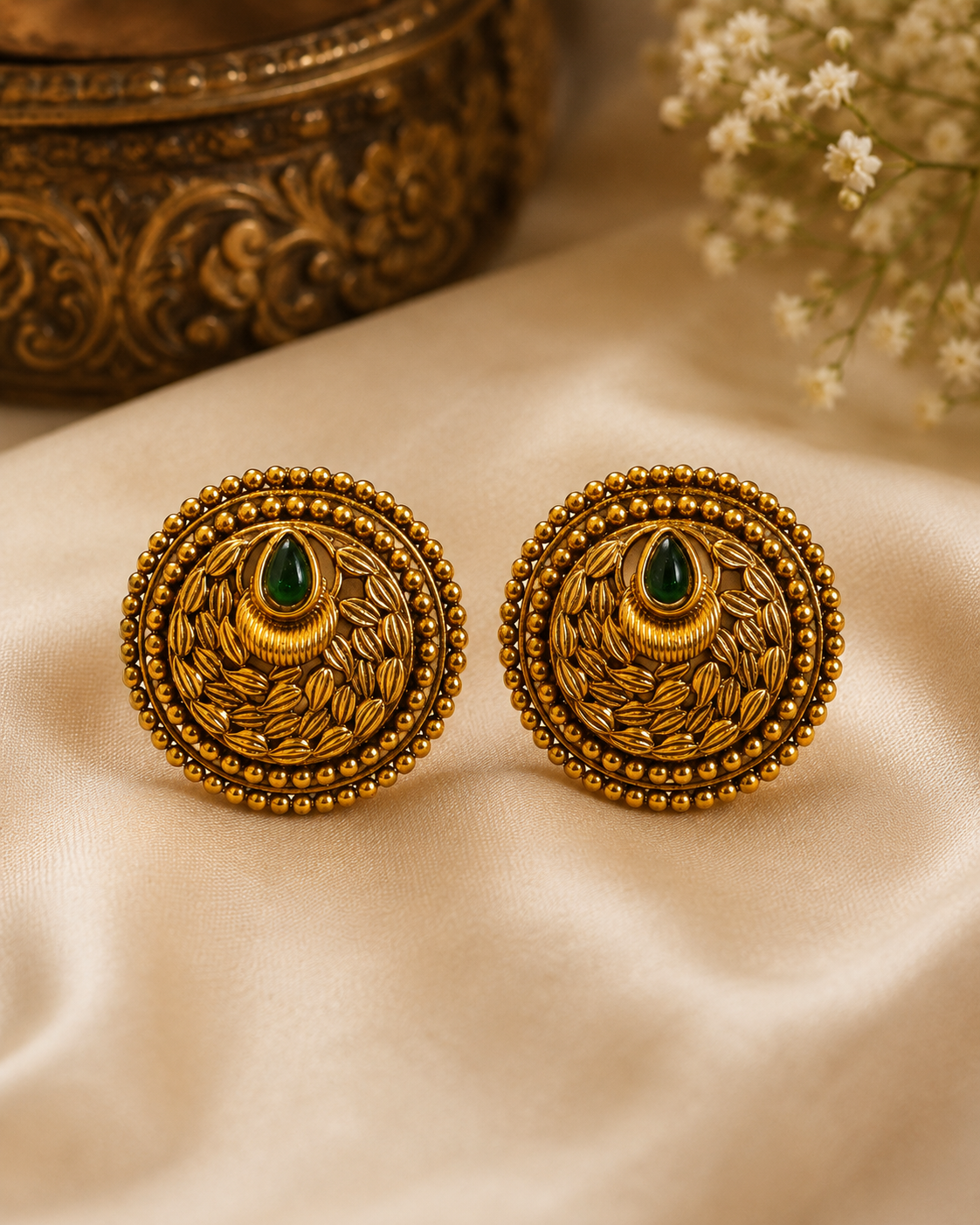 Antique Gold Round Disc Stud Earrings | SITA2528