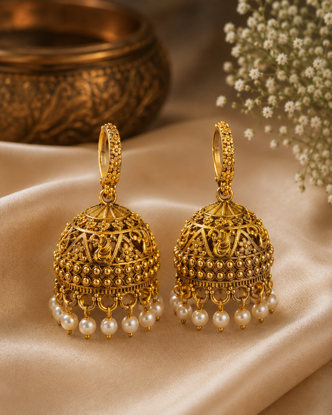 Antique Gold Filigree Peacock Jhumka Earrings with Pearl Drops | SITA2538