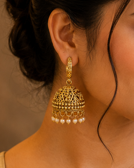Antique Gold Filigree Peacock Jhumka Earrings with Pearl Drops | SITA2538