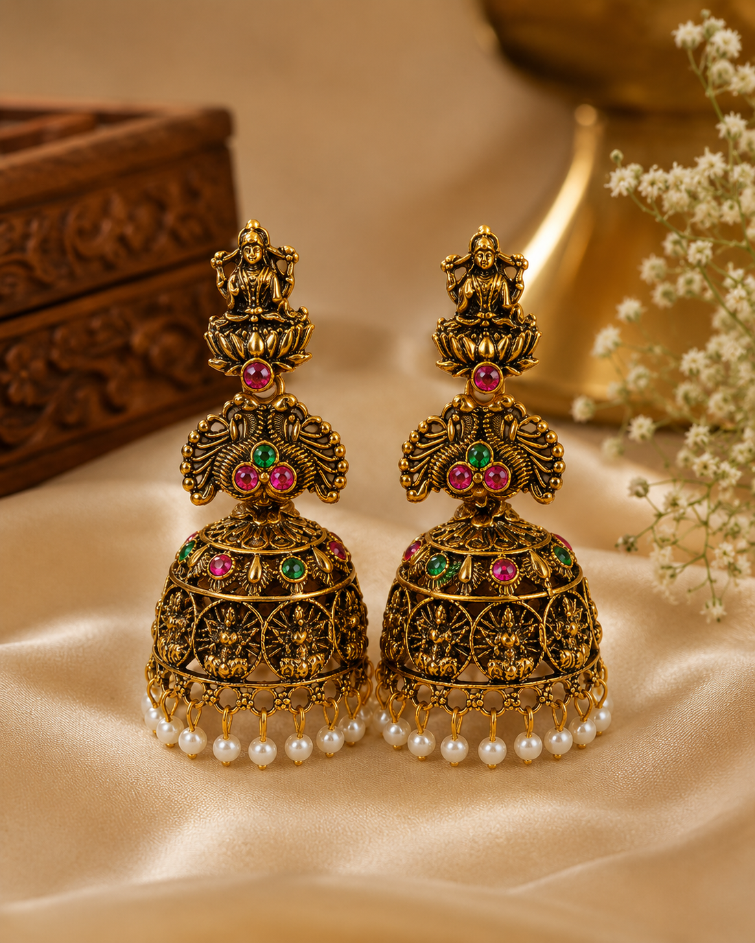 Antique Gold Lakshmi Temple Jhumka Earrings | SITA2901