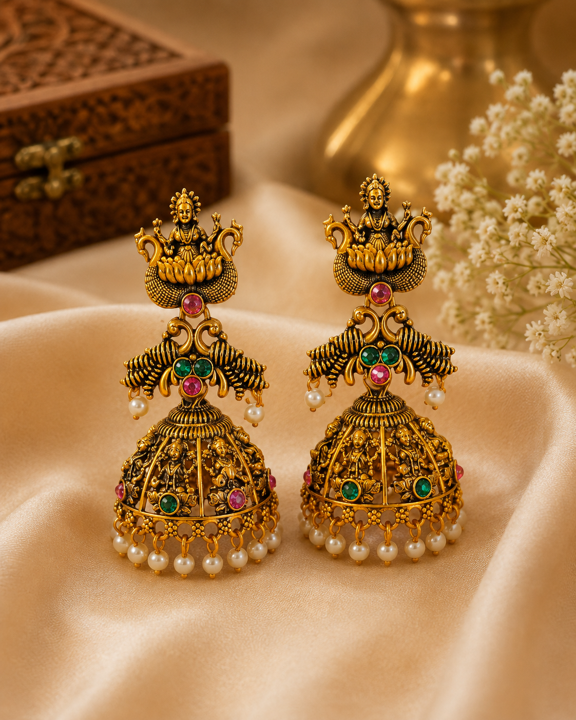 Antique Gold Lakshmi Temple Jhumka Earrings | SITA2901