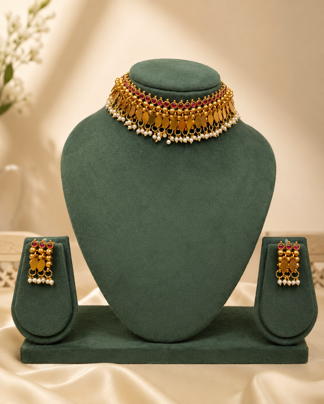 Antique Gold Ruby Kemp Beaded Elakkathali Choker Necklace Set | ONK240