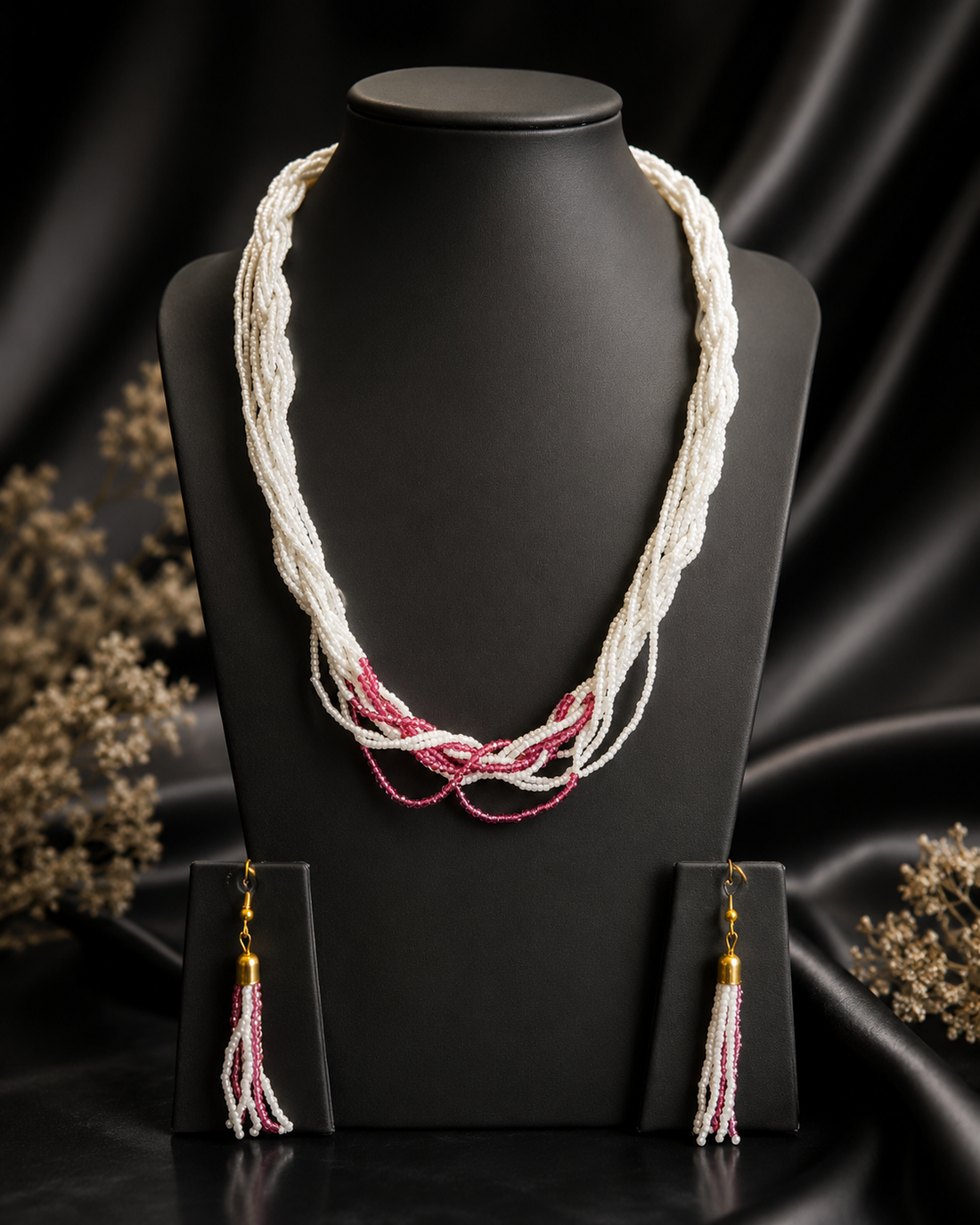 Twisted Multi-Strand White & Ruby Seed Bead Necklace Set with Tassel Earrings | T302616946