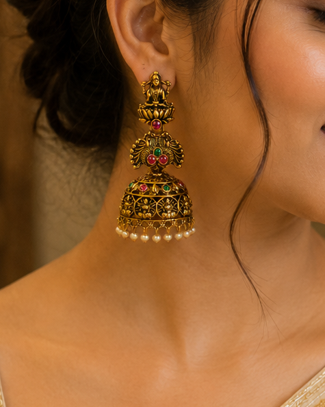 Antique Gold Lakshmi Temple Jhumka Earrings | SITA2901
