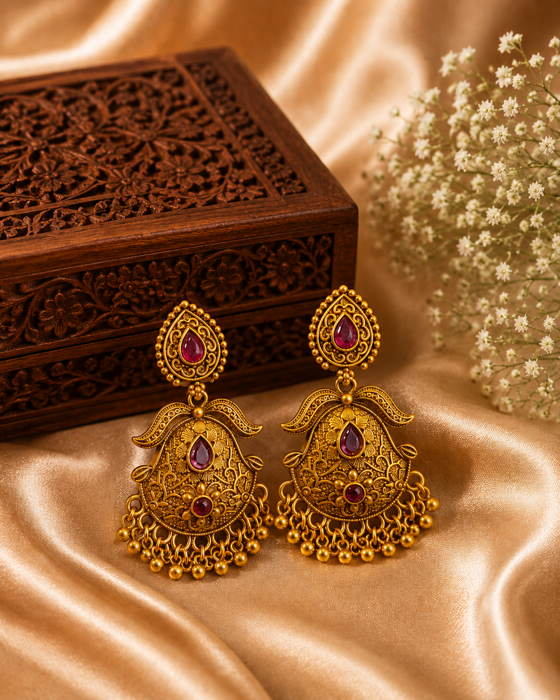 Antique Gold Filigree Fan Jhumka Earrings with Gold Bead Drops | SITA2529