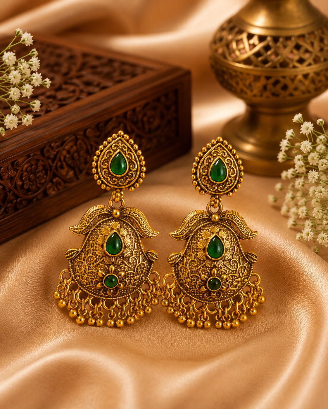 Antique Gold Filigree Fan Jhumka Earrings with Gold Bead Drops | SITA2529