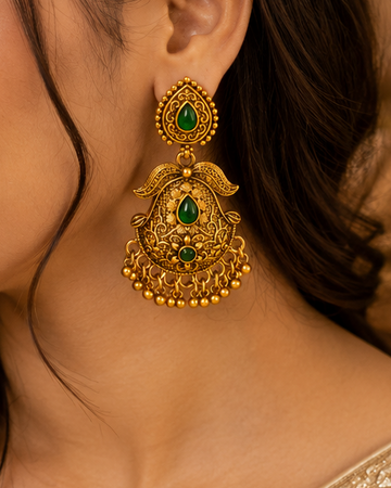 Antique Gold Filigree Fan Jhumka Earrings with Gold Bead Drops | SITA2529