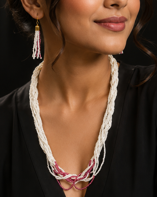 Twisted Multi-Strand White & Ruby Seed Bead Necklace Set with Tassel Earrings | T302616946