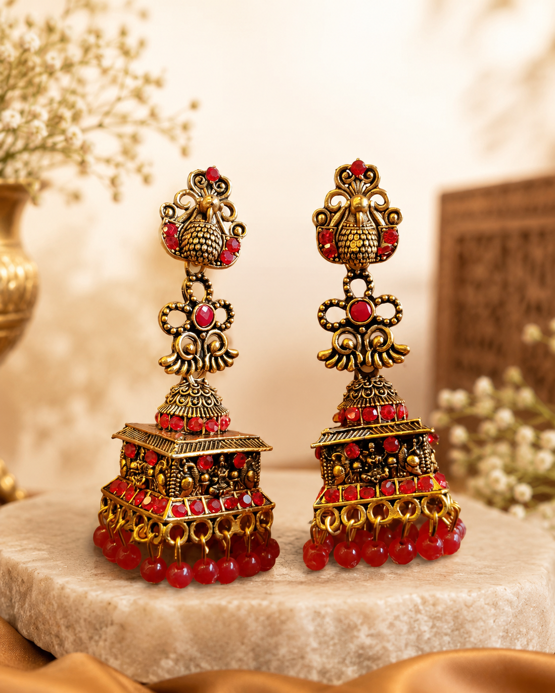 Antique Gold & Sapphire Blue Peacock Square Jhumka Earrings | GV233