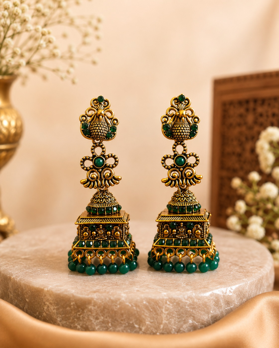 Antique Gold & Sapphire Blue Peacock Square Jhumka Earrings | GV233