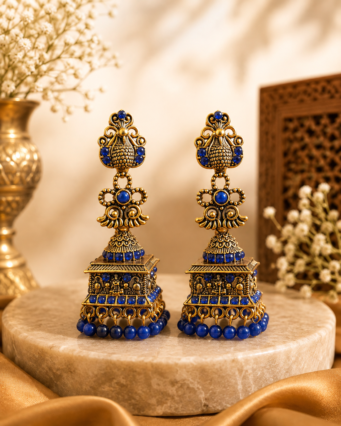 Antique Gold & Sapphire Blue Peacock Square Jhumka Earrings | GV233