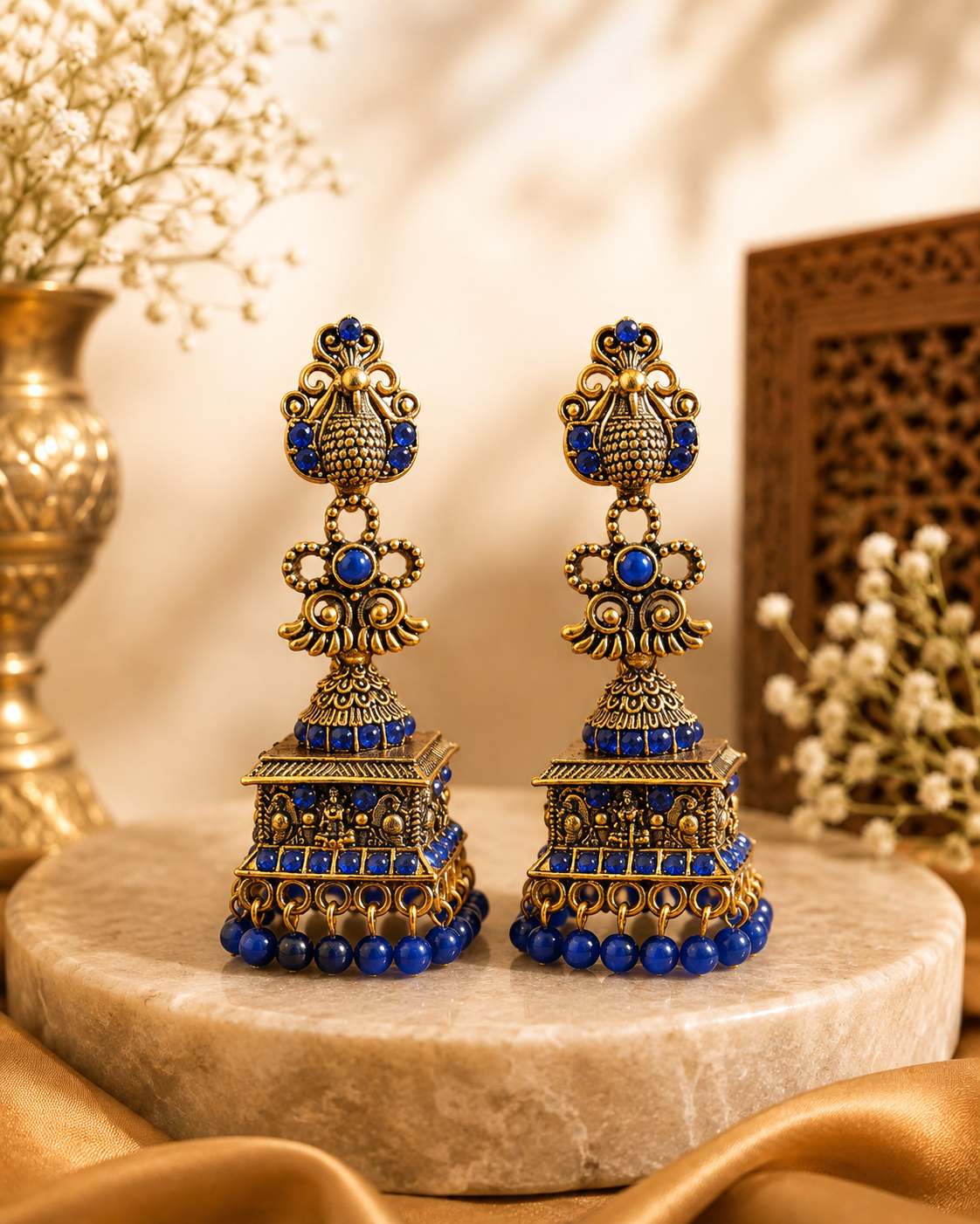 Antique Gold & Sapphire Blue Peacock Square Jhumka Earrings | GV233