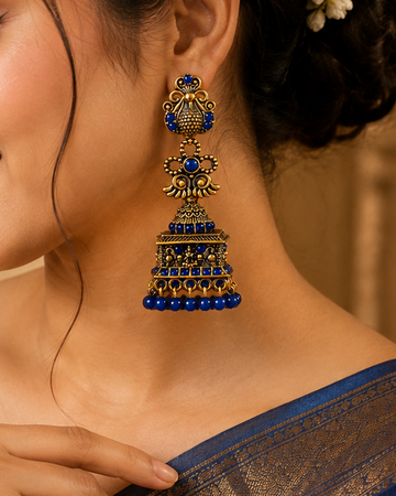 Antique Gold & Sapphire Blue Peacock Square Jhumka Earrings | GV233