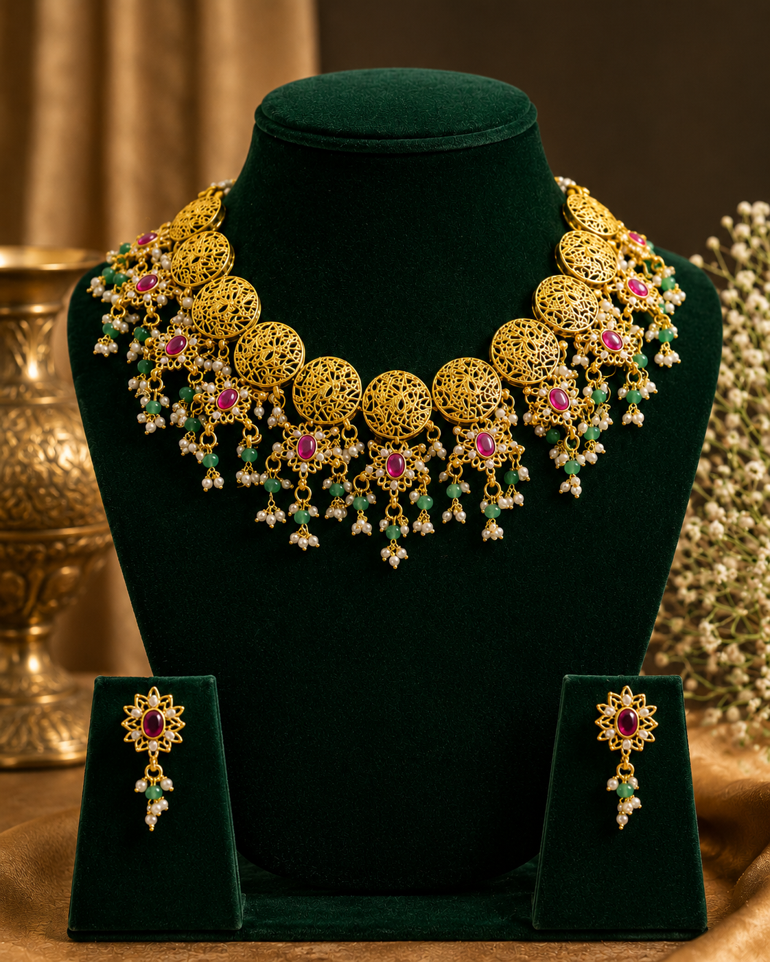 Antique Gold Filigree Disc Choker Necklace Set | ONK262