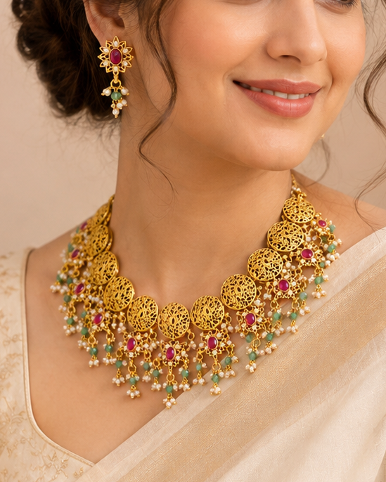 Antique Gold Filigree Disc Choker Necklace Set | ONK262
