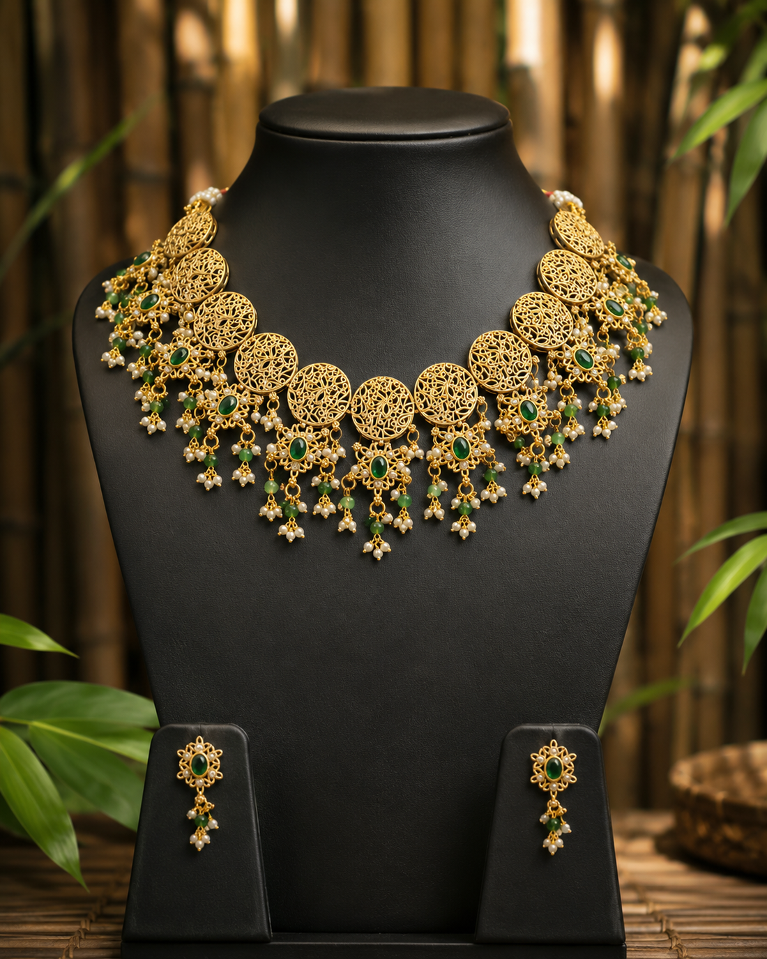 Antique Gold Filigree Disc Choker Necklace Set | ONK247