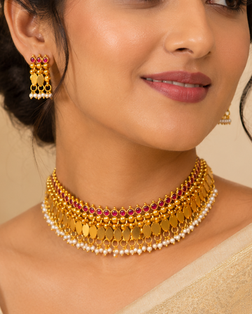 Antique Gold Ruby Kemp Beaded Elakkathali Choker Necklace Set | ONK240