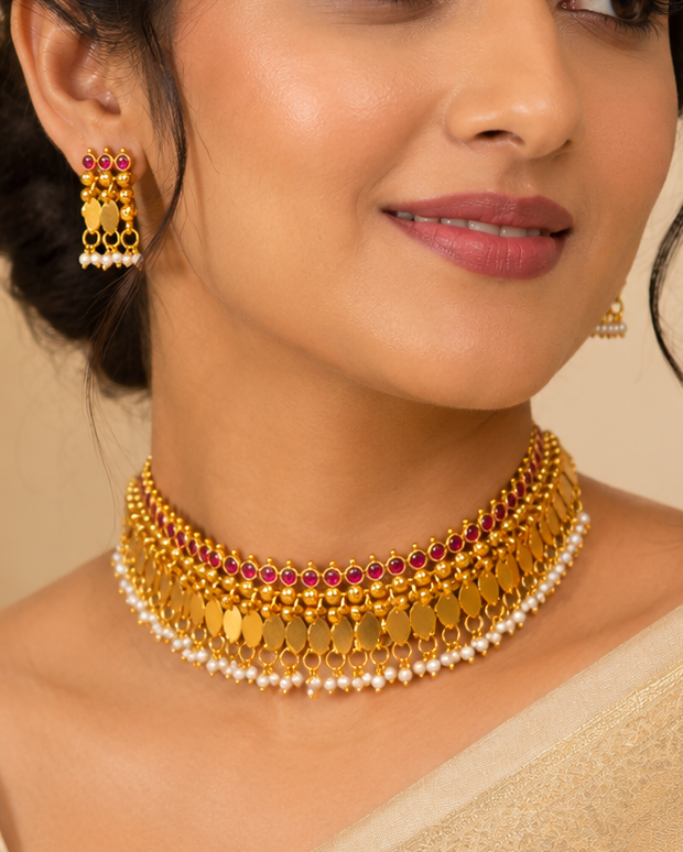 Antique Gold Ruby Kemp Beaded Elakkathali Choker Necklace Set | ONK240