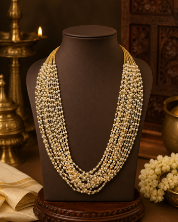 Multi-Strand Gold Wire & Seed Pearl Long Necklace | GT49