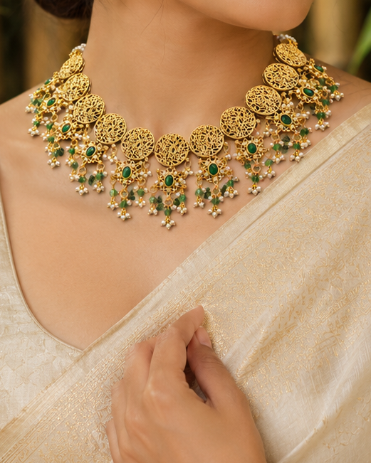 Antique Gold Filigree Disc Choker Necklace Set | ONK247