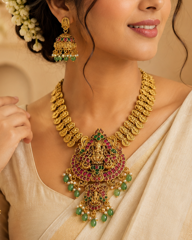 Antique Gold Lakshmi Temple Coin Necklace Set | ONK268