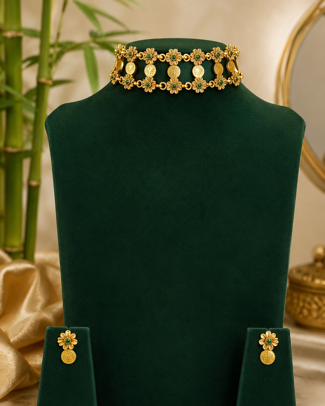 Antique Gold Floral & Lakshmi Coin Choker Necklace Set with Earrings | ONK241