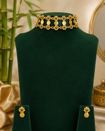 Antique Gold Floral & Lakshmi Coin Choker Necklace Set with Earrings | ONK241