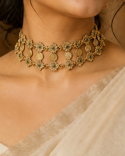 Antique Gold Floral & Lakshmi Coin Choker Necklace Set with Earrings | ONK241