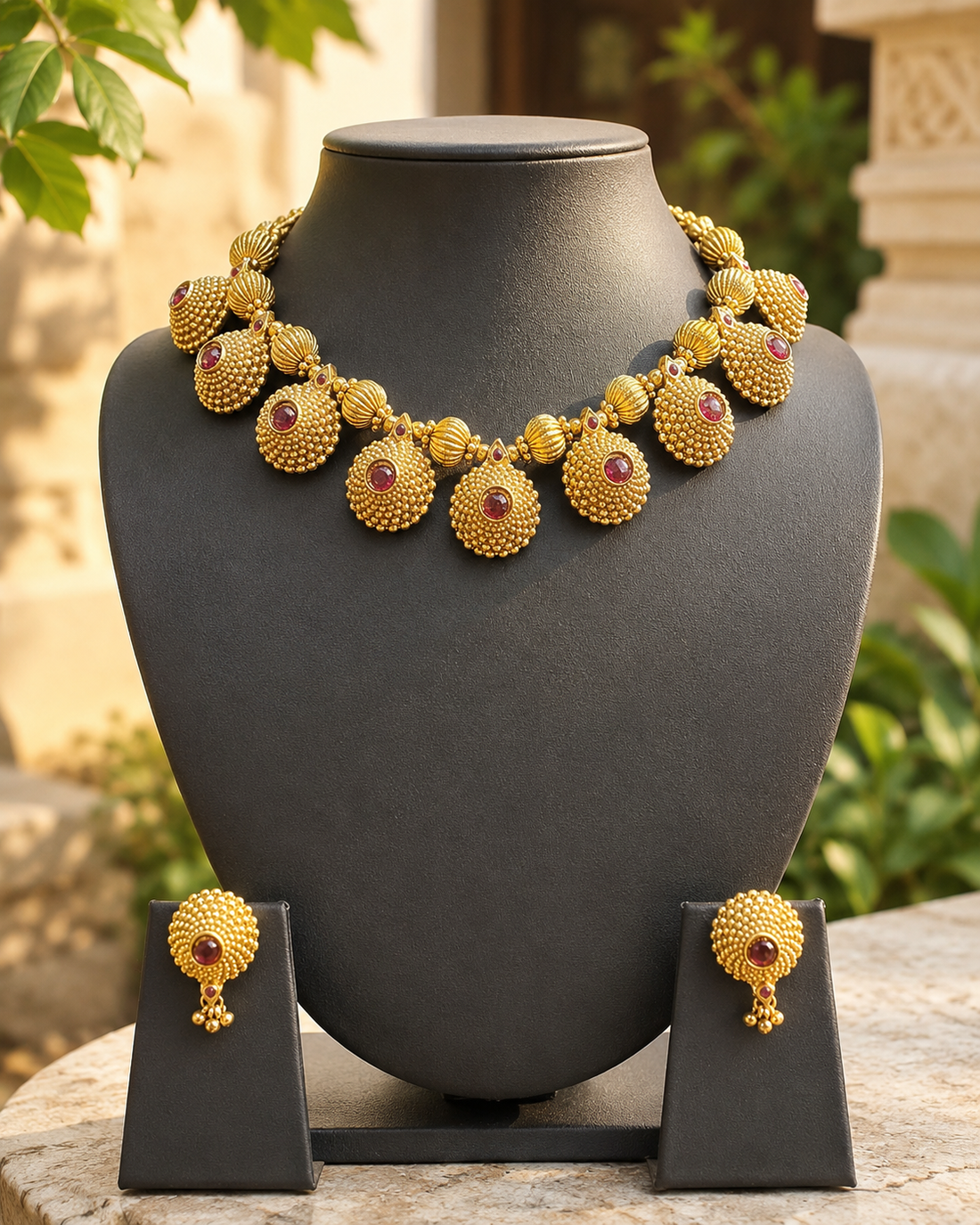 Antique Gold Granulation Bead & Ruby Kemp Oval Disc Necklace Set | ONK257