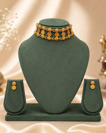 Antique Gold Sunflower Disc & Lakshmi Coin Choker Necklace Set | ONK244