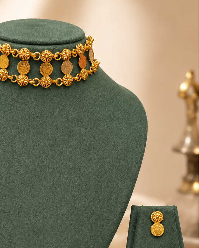 Antique Gold Sunflower Disc & Lakshmi Coin Choker Necklace Set | ONK244