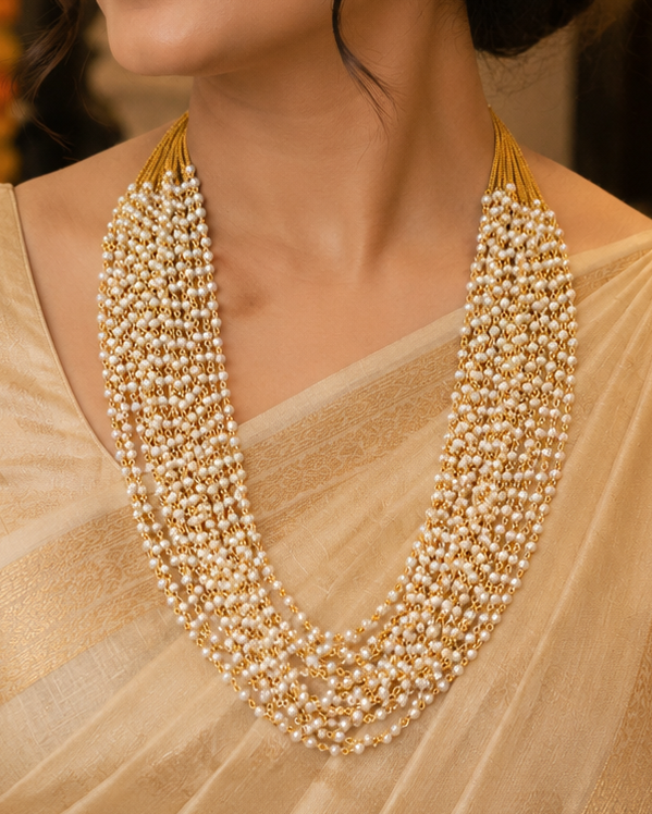 Multi-Strand Gold Wire & Seed Pearl Long Necklace | GT49