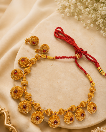 Antique Gold Granulation Bead & Ruby Kemp Oval Disc Necklace Set | ONK257