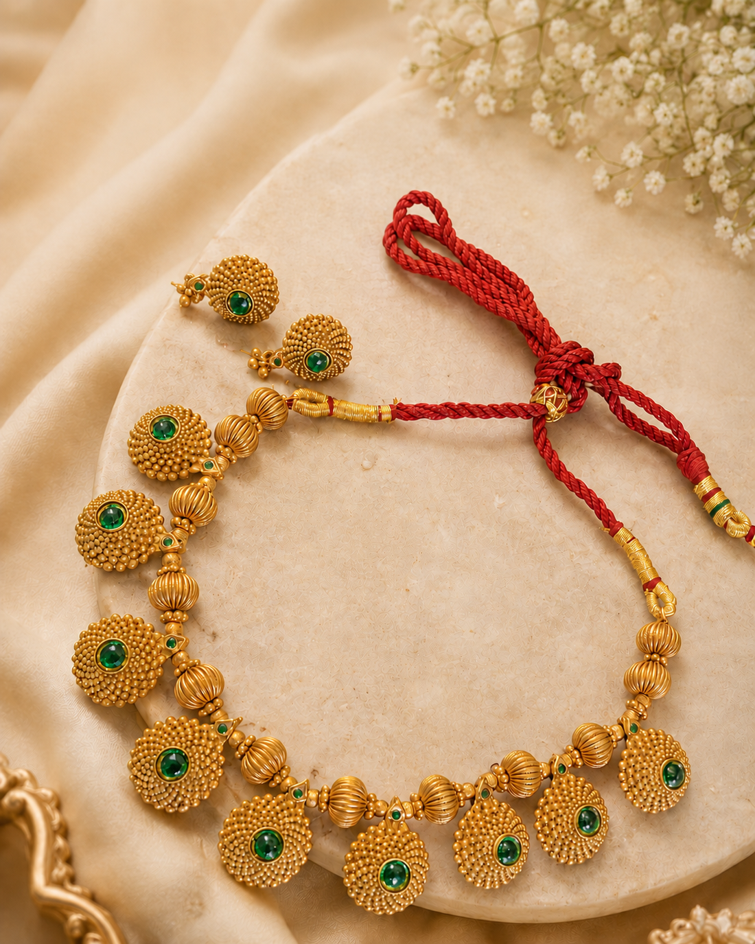 Antique Gold Granulation Bead & Emerald Kemp Necklace Set | ONK259