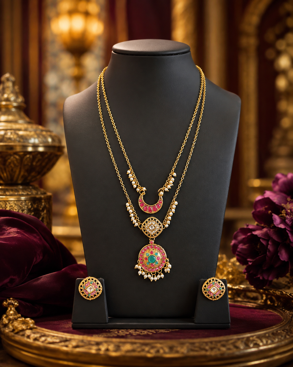 Layered Gold Chain Meenakari Crescent & Round Pendant Necklace Set | ONK230