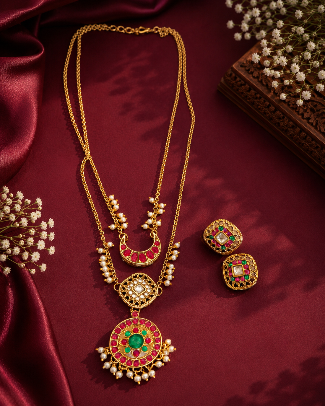 Layered Gold Chain Meenakari Crescent & Round Pendant Necklace Set | ONK230