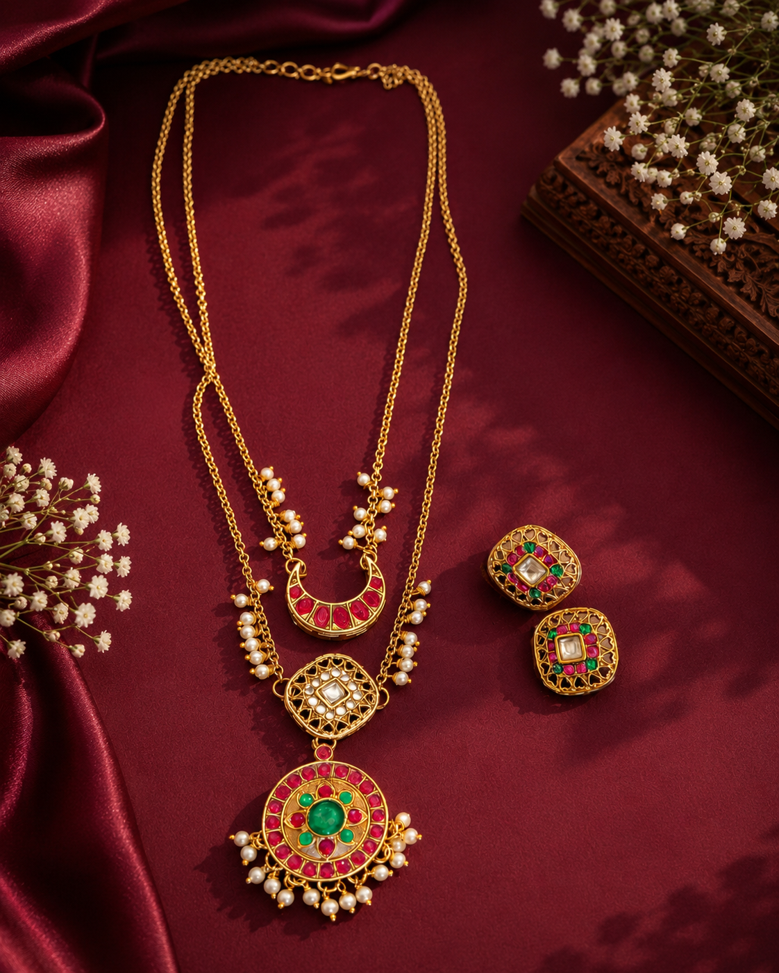 Layered Gold Chain Meenakari Crescent & Round Pendant Necklace Set | ONK230