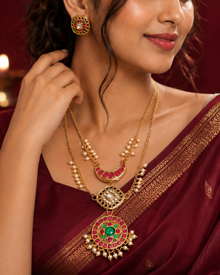 Layered Gold Chain Meenakari Crescent & Round Pendant Necklace Set | ONK230