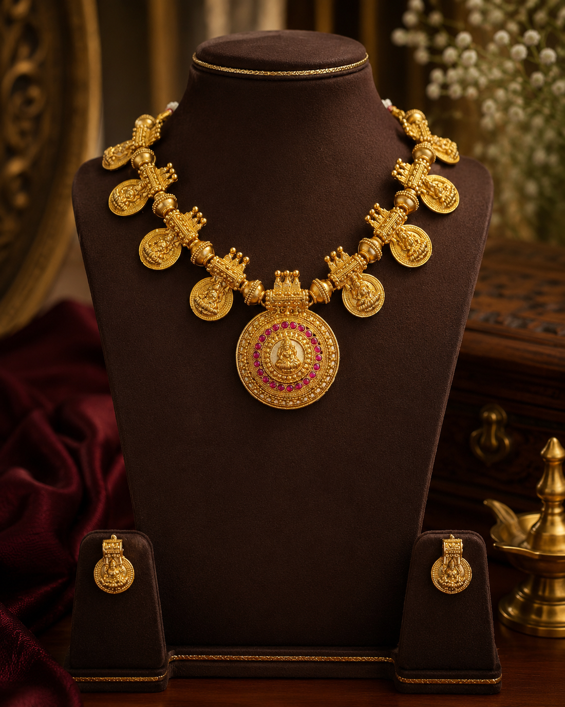 Antique Gold Lakshmi Coin & Ruby Kemp Round Pendant Necklace Set | ONK238