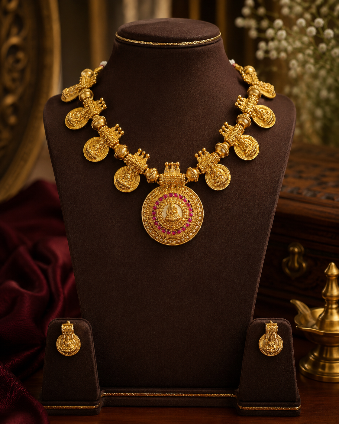 Antique Gold Lakshmi Coin & Ruby Kemp Round Pendant Necklace Set | ONK238