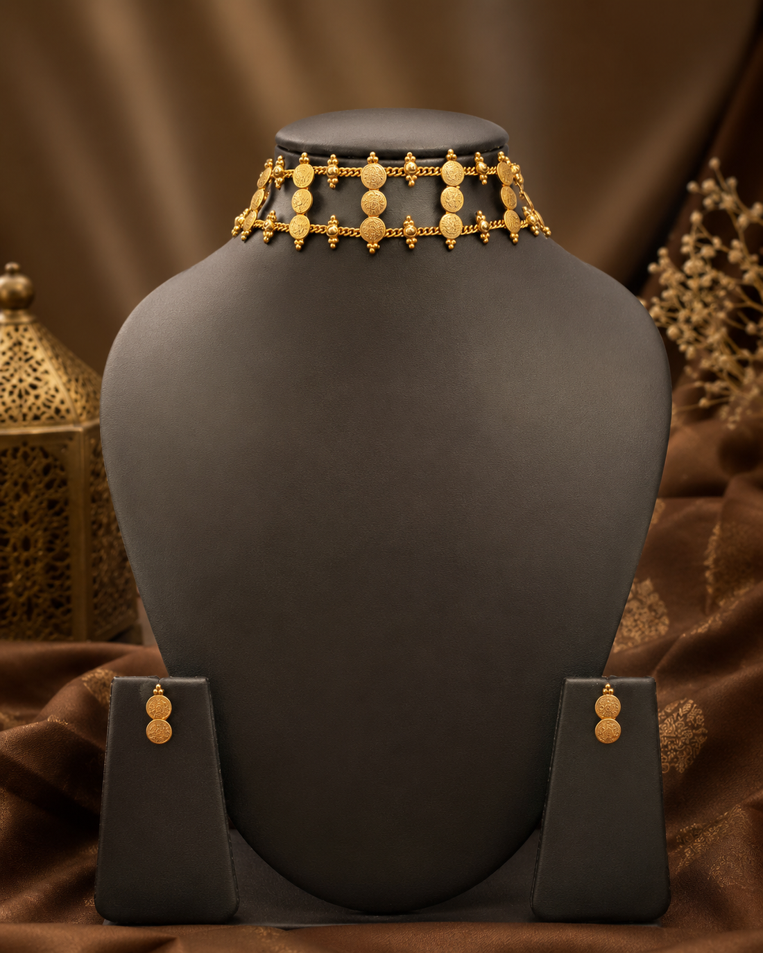Antique Gold Coin Disc Choker Necklace Set with Double Coin Earrings | ONK261