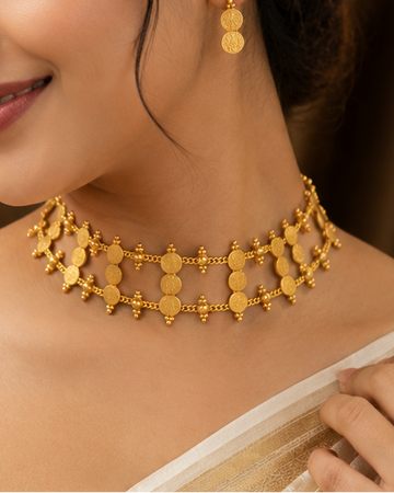 Antique Gold Coin Disc Choker Necklace Set with Double Coin Earrings | ONK261