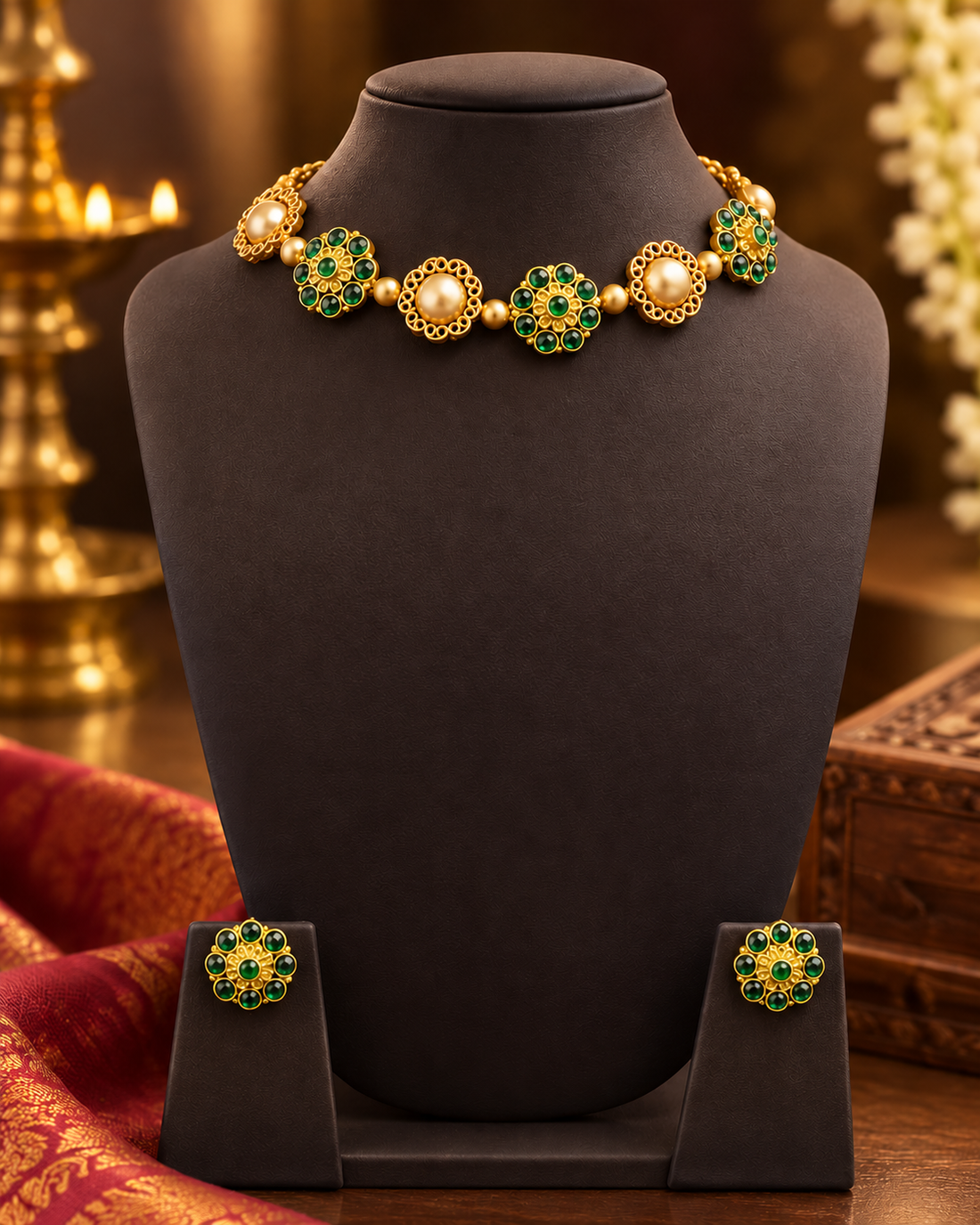 Antique Gold Emerald Cabochon Floral Choker Necklace Set with Studs | NVK2500