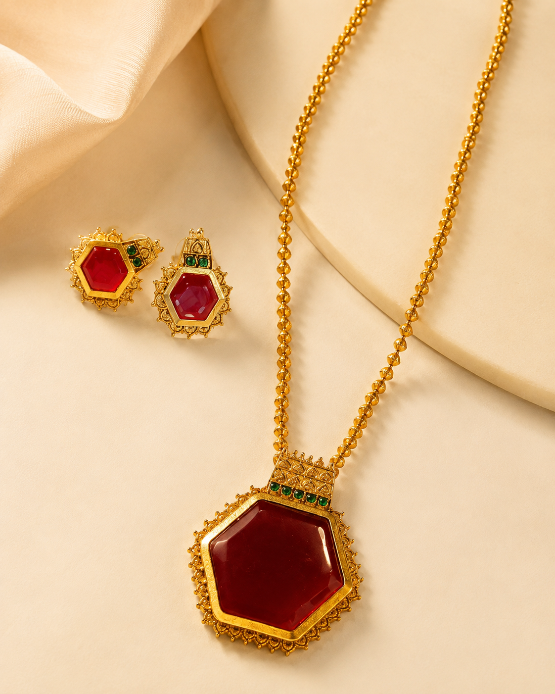 Traditional Green Stone Gold Beaded Necklace Set with Matching Earrings | ONK114