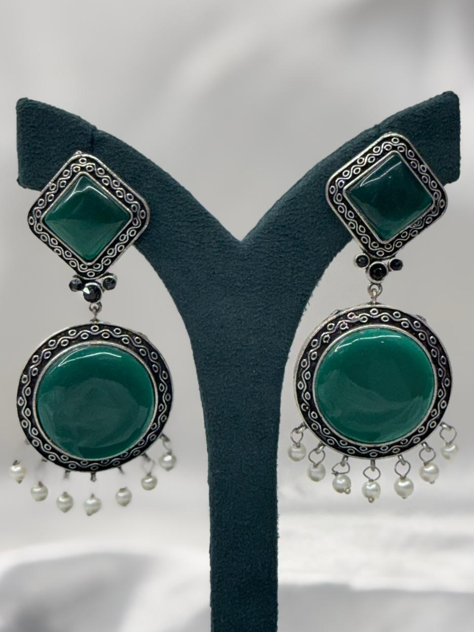 Green Stone Oxidised Silver Statement Earrings,llb586