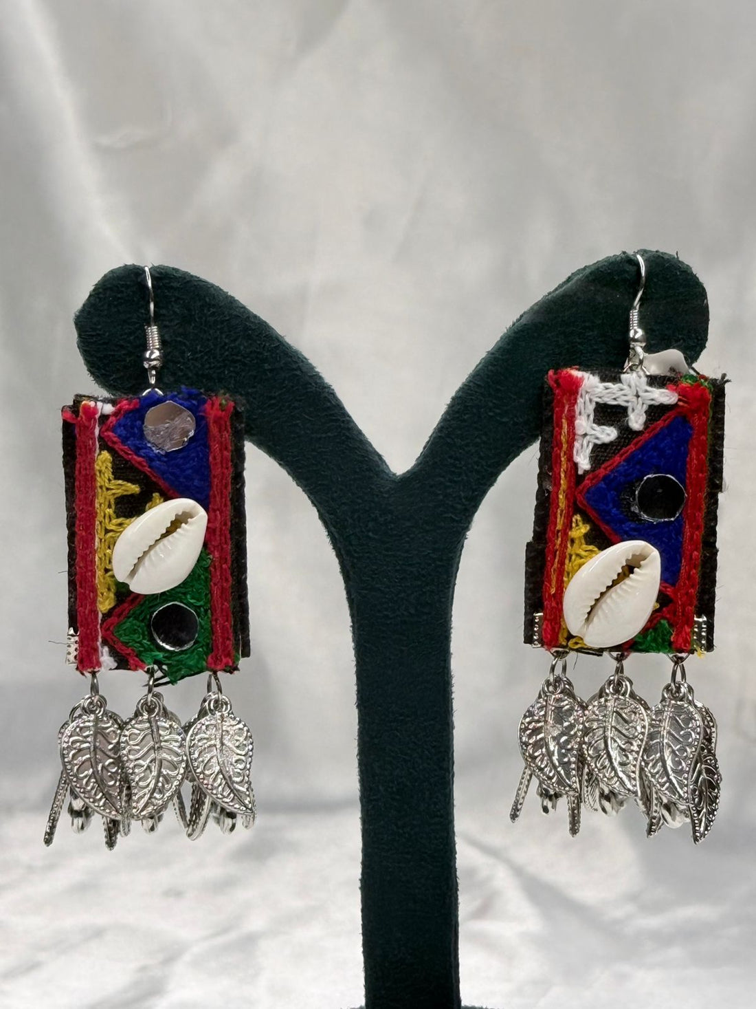 Handcrafted Tribal Fabric Earrings with Cowrie Shell & Silver Char,llb0552
