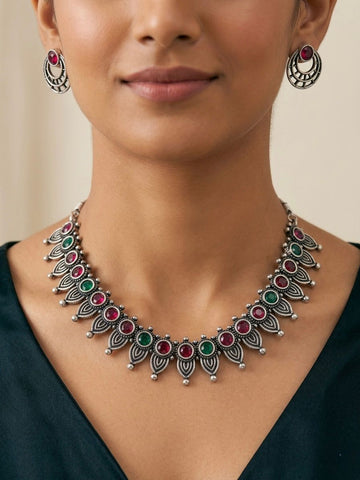 Oxidised Silver Necklace Set with Ruby & Emerald Stones & Earrings | llb034