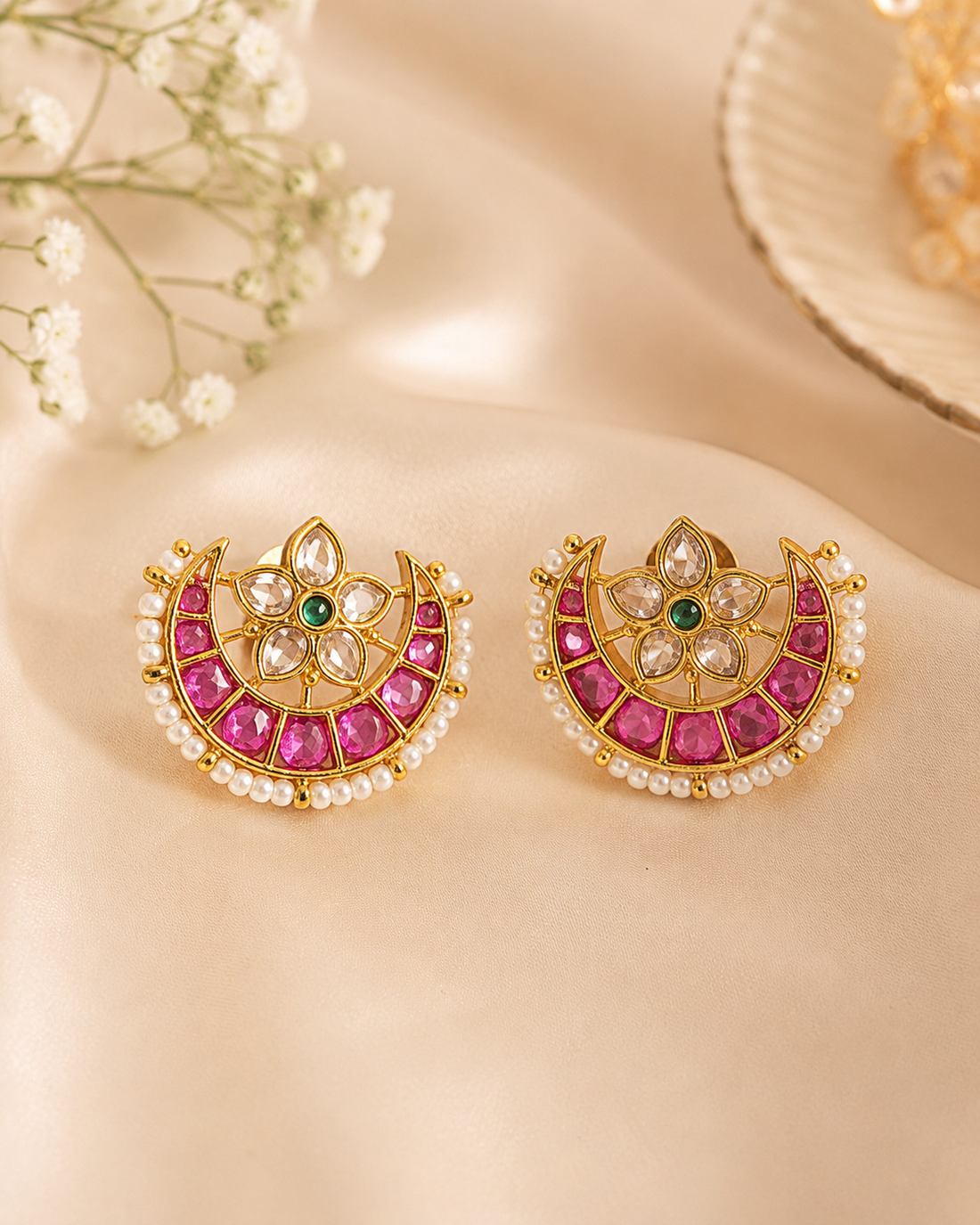Gold Ruby Kemp Baguette Fan Crescent Chandbali Studs | ONK152