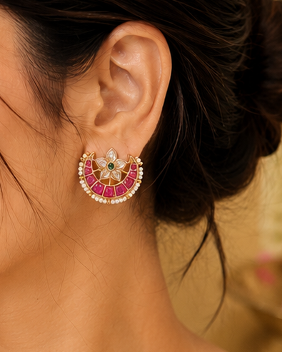 Gold Ruby Kemp Baguette Fan Crescent Chandbali Studs | ONK152